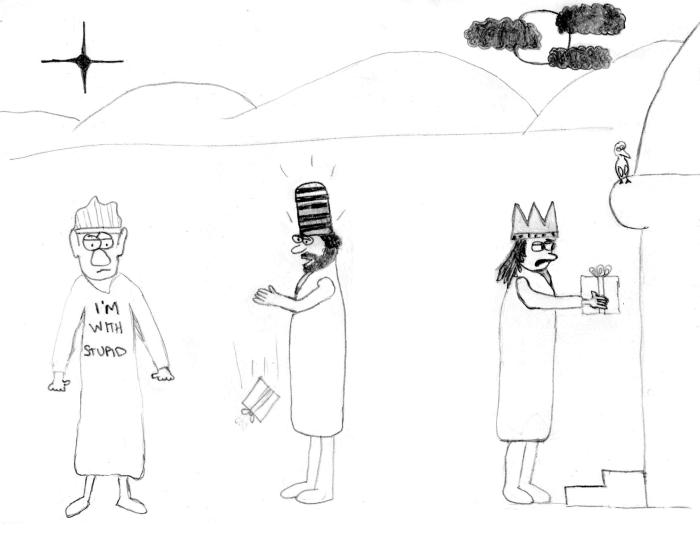 It was at this  moment Dhabibi came to the realization that Abdulah's poor wardrobe choice had ruined any chance of them passing for their recently created pseudonym "The Three Wise Men."